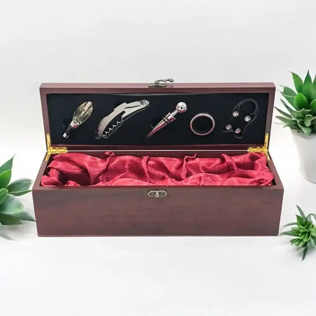 Cofanetto lusso 5 pezzi legno velluto premium regalo vino