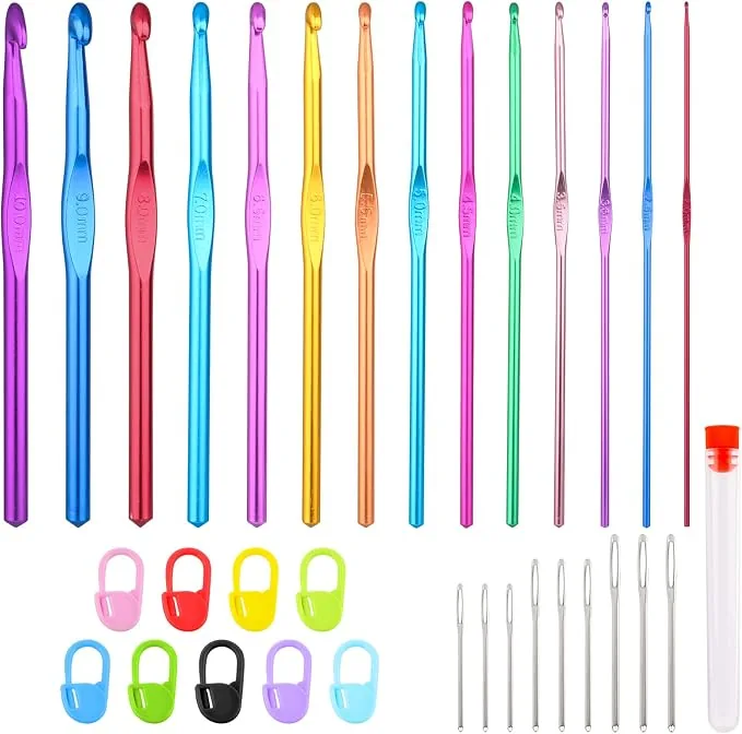 Kit 14 ferri da uncinetto ergonomici 100 segnapunti e 9 aghi da lana