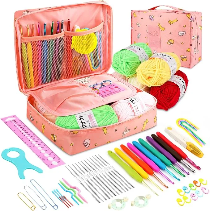 Kit uncinetto ergonomico principiante adulto con lana forbici borsa rosa