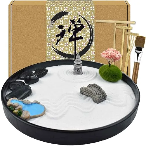 Giardino zen da tavolo in legno con sabbia, rastrello e pietre, 25×20 cm