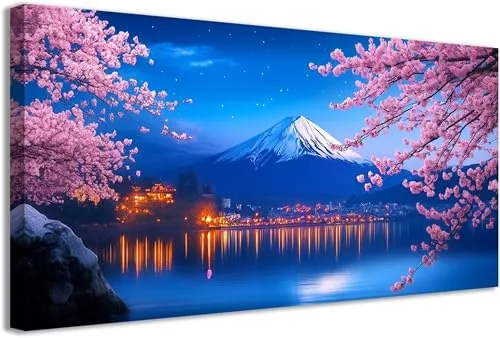 Stampa su tela Monte Fuji al tramonto con fiori di sakura, 60×40 cm