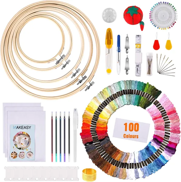 MAKEASY — Kit ricamo 205 pezzi con 100 colori filo e 5 cerchi