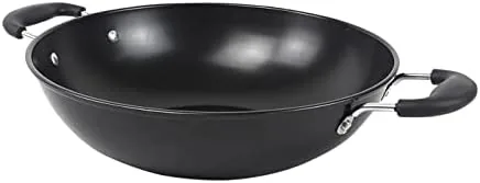 Wok in acciaio al carbonio 32 cm, con manico in legno e coperchio