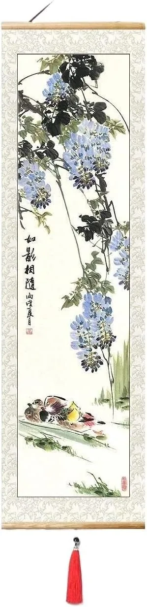 Kakemono (rotolo da parete) in seta con carpa koi, 30×90 cm