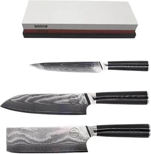 SHAN ZU Set coltelli giapponesi in Damasco: santoku + spelucchino + pietra + custodia