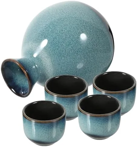 Tazzine da sakè in ceramica Ochoko, set 4 pezzi, motivo onde blu