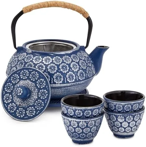 Set teiera giapponese Tetsubin in ghisa con 4 tazze da tè, nero