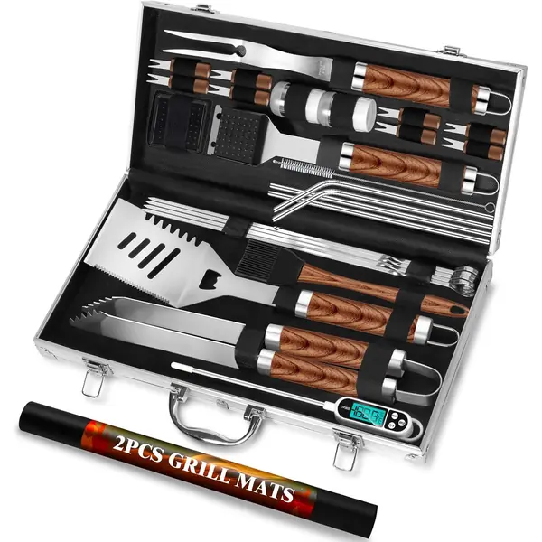Baule da barbecue in legno con coltelli e accessori