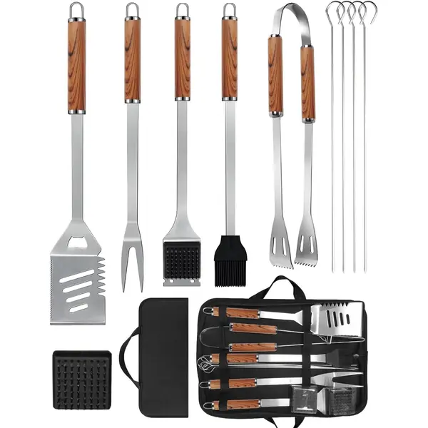 Cofanetto da barbecue 3 pezzi in acciaio inox con manico in legno