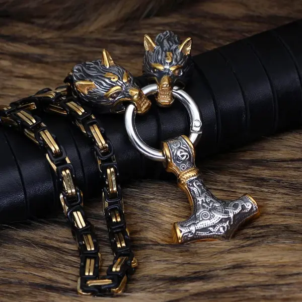 Collana da uomo con ciondolo Mjolnir e testa di lupo in acciaio inossidabile