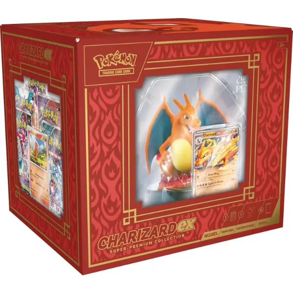 Collezione Super Premium Pokemon Charizard ex con statuetta da esposizione e carte promozionali
