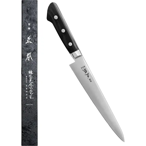 Coltello affettatoio con lama affilata e manico in legno