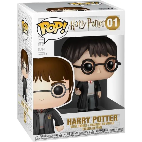 Funko Pop Harry Potter in vinile con divisa di Hogwarts nella scatola da collezione