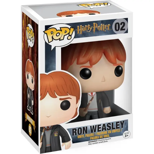 Funko Pop Ron Weasley in vinile con divisa di Hogwarts nella scatola