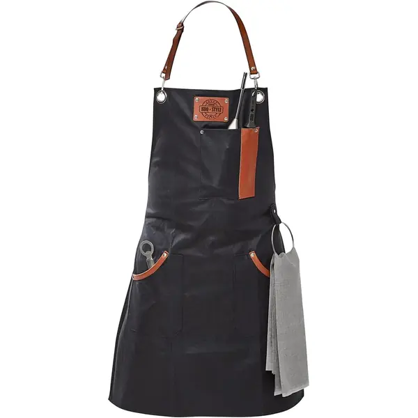 Grembiule da barbecue in cuoio nero con tasche portautensili