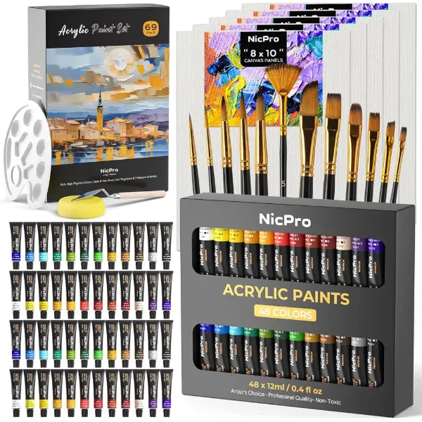 Set di pittura acrilica Nicpro da 69 pezzi con tele, pennelli e tavolozza