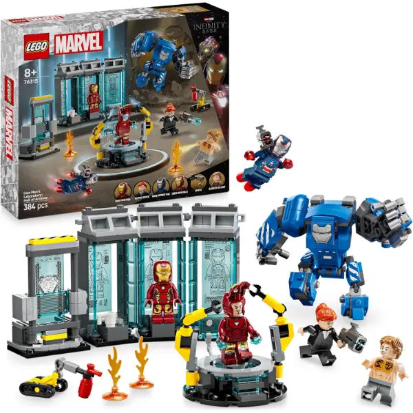 Set LEGO Marvel del laboratorio di Iron Man con la sala delle armature e minifigure