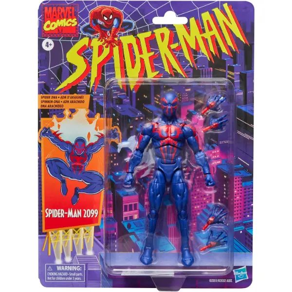 Action figure Marvel Legends di Spider-Man 2099 con mantello e costume blu e rosso