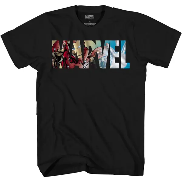 T-shirt nera ufficiale Marvel da uomo con il logo riempito di tavole a fumetti