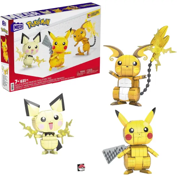 Set di costruzioni MEGA Pokemon con Pichu Pikachu e Raichu da montare