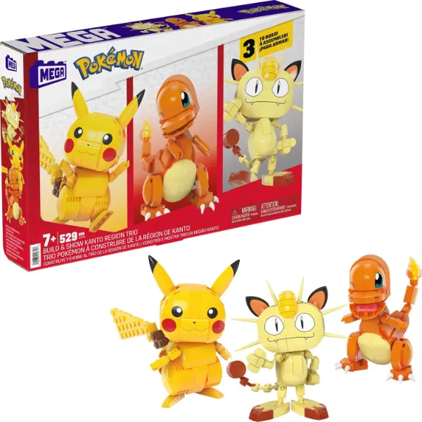 Set di costruzioni MEGA Pokemon con Pikachu Meowth e Charmander da cinquecentoventinove pezzi