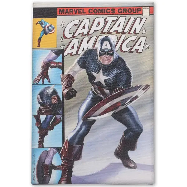 Quadro su tela con tavole a fumetti di Capitan America montato su telaio