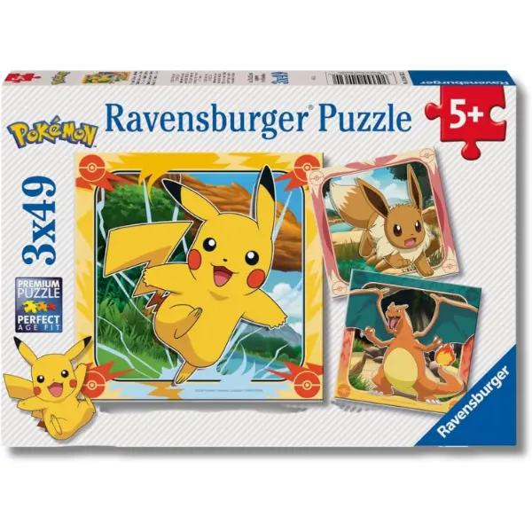 Confezione Ravensburger con tre puzzle Pokemon da quarantanove pezzi ciascuno