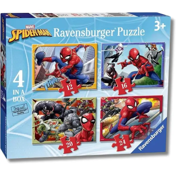 Confezione Ravensburger con quattro puzzle progressivi di Spiderman da dodici a ventiquattro pezzi