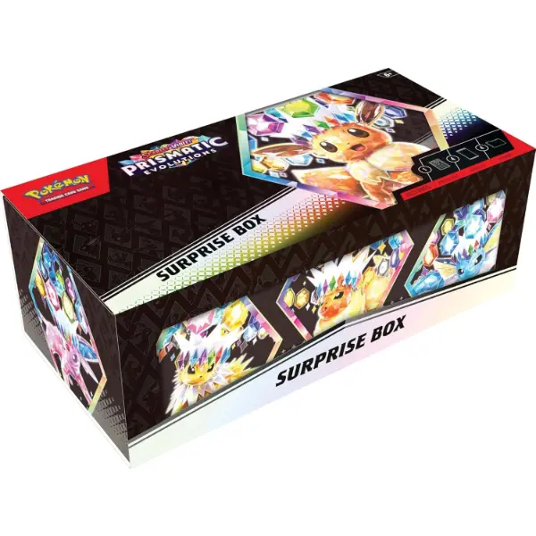 Scatola sorpresa Pokemon Evoluzioni Prismatiche con quattro buste e carta promozionale