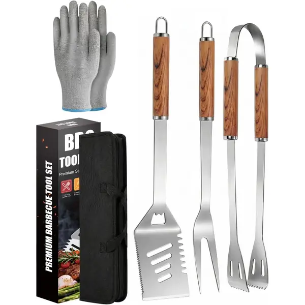 Set di coltelli da barbecue in acciaio inox in valigetta di legno