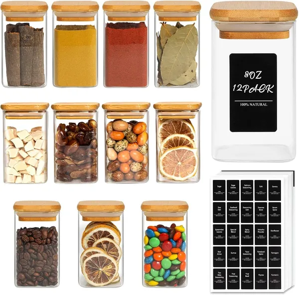 12 barattoli in vetro con coperchio in bambù ed etichette — regalo per chi ama cucinare