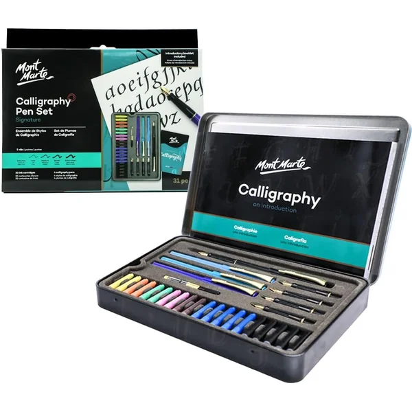 Mont Marte — Set di Penne per Calligrafia, 32 Pezzi — set di calligrafia Mont Marte aperto con penne stilografiche, pennini intercambiabili, convertitore e cartucce colorate