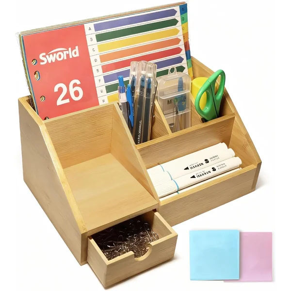 Organizer da Scrivania in Legno con Cassetto e Portapenne