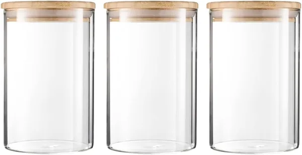 Set di 3 barattoli in vetro con coperchi in bambù — regalo per chi ama cucinare