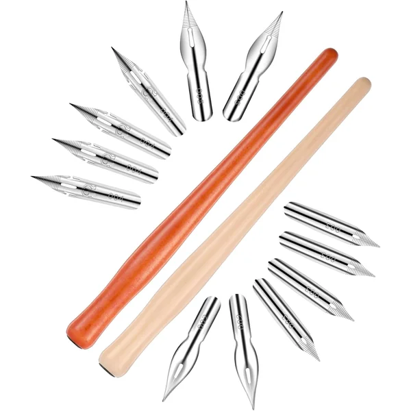 Set di 14 Pennini per Calligrafia con Cannuccia in Legno